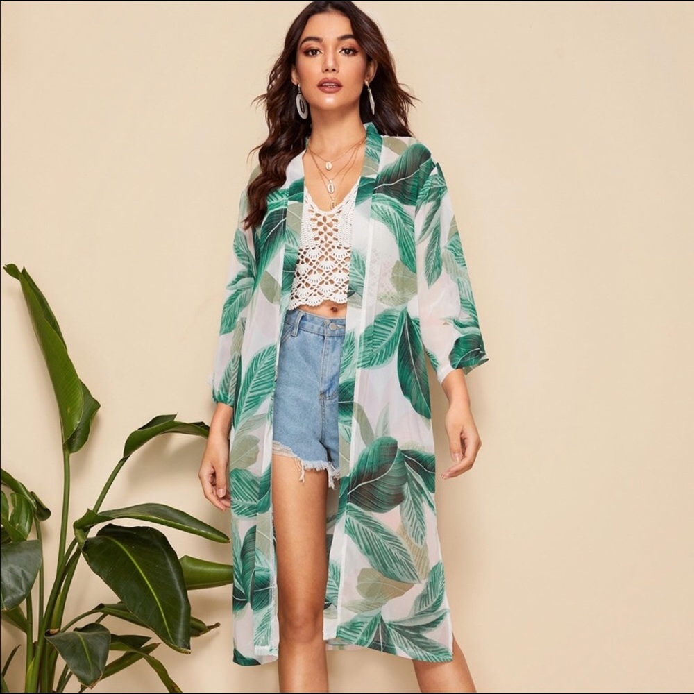 Tropical Leaf Print Kimono - Picture 4 of 6